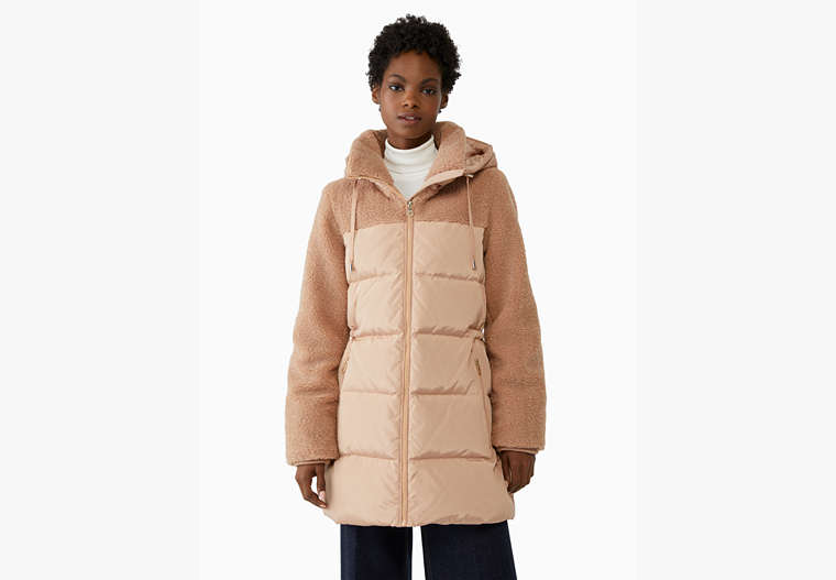 Kate Spade,mixed media sherpa puffer,Polyester,60%,Perfect Beige/Bright Cubanelle image number 0
