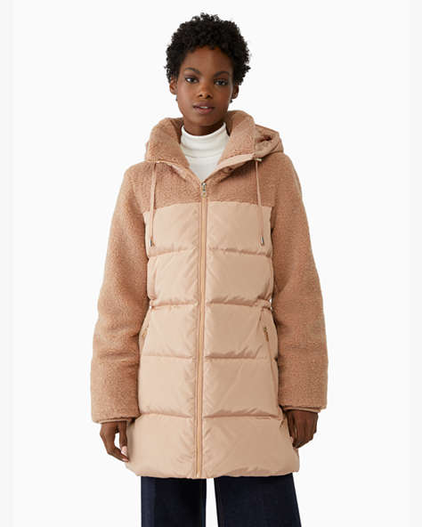 Kate Spade,mixed media sherpa puffer,Polyester,60%,Perfect Beige/Bright Cubanelle