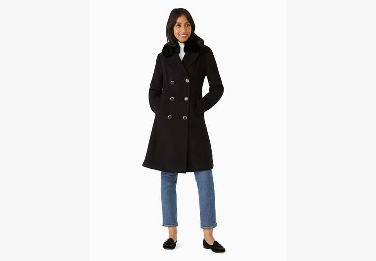 Faux Fur Trimmed Wool Coat, Black, Product image number 0