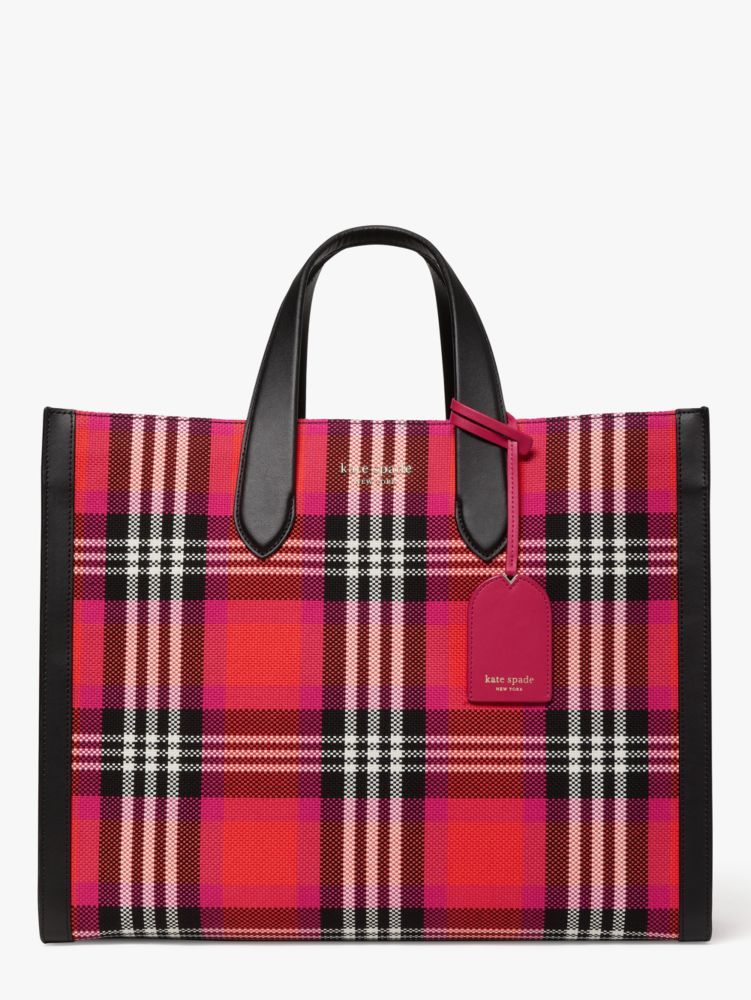 Kate Spade Manhattan Foliage Plaid Fabric Large Tote In Pink Multi