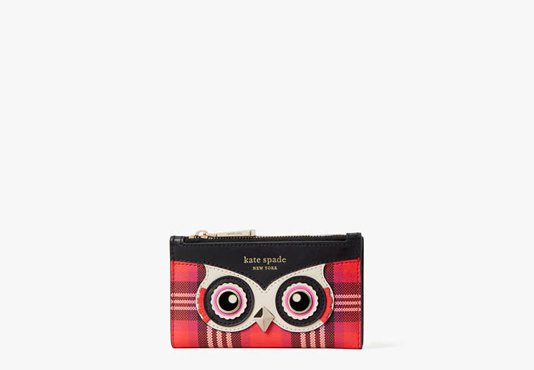 Kate Spade,blinx plaid owl small slim bifold wallet,Pink Multi