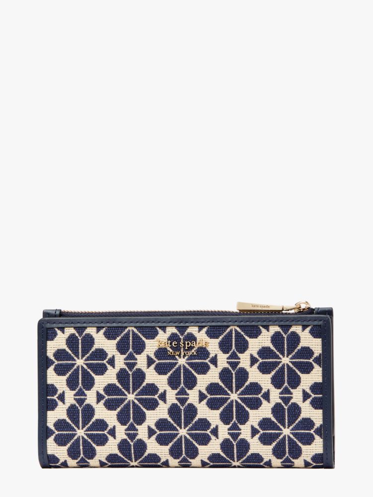 Spade Flower Jacquard Zip Slim Wallet, Blue Multicolor, ProductTile