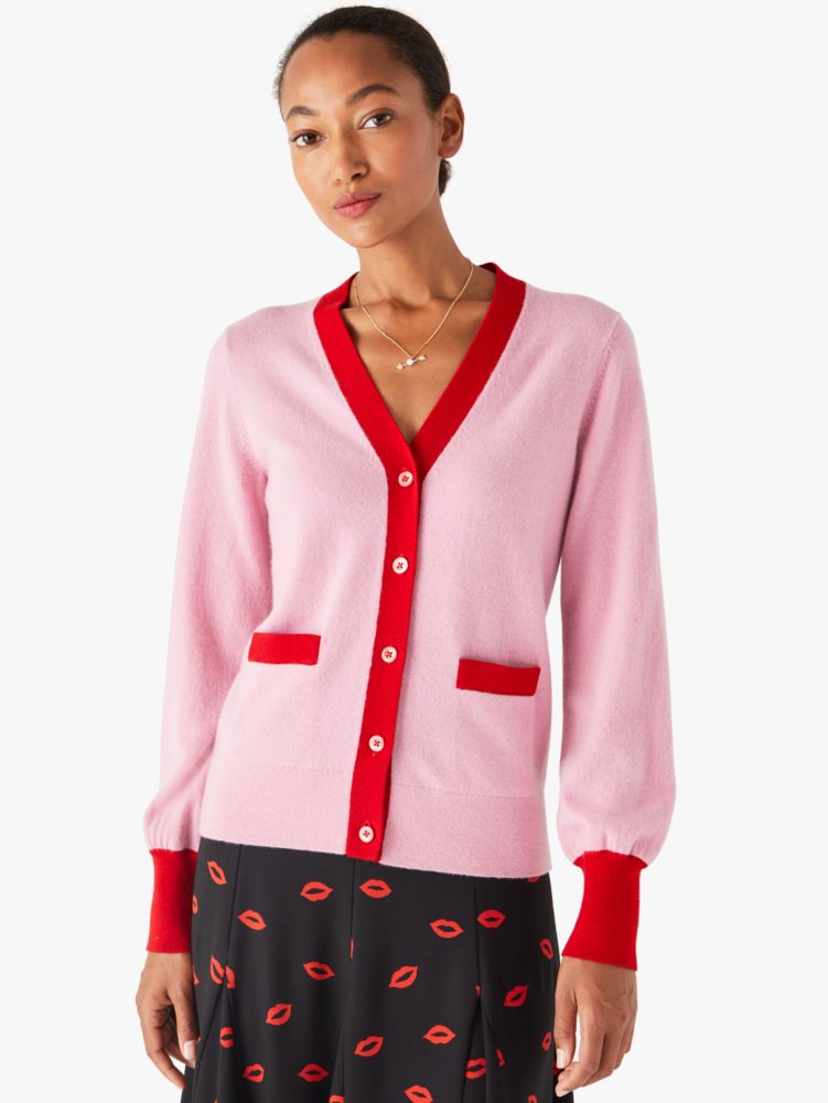 Colorblock Cashmere Gallery Cardigan, Foxglove Pink, Product