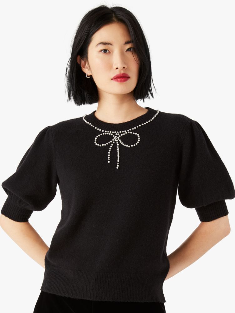 Women's black pearl-rhinestone bow sweater | Kate Spade New York FR