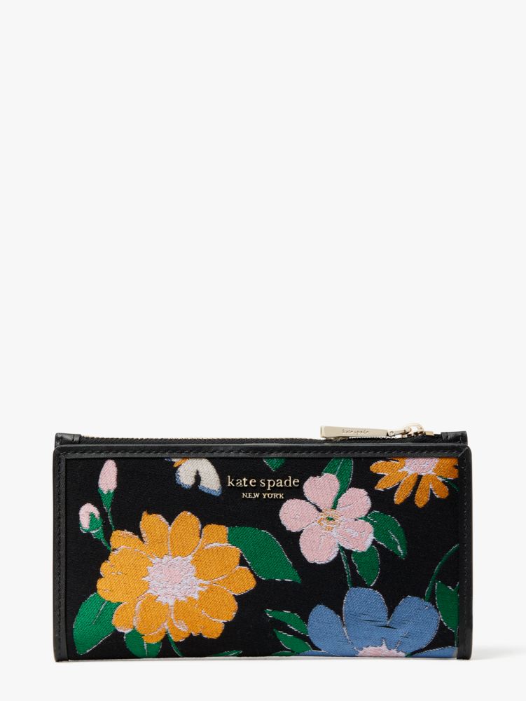 Floral Jacquard Zip Slim Wallet, Black Multi, Product