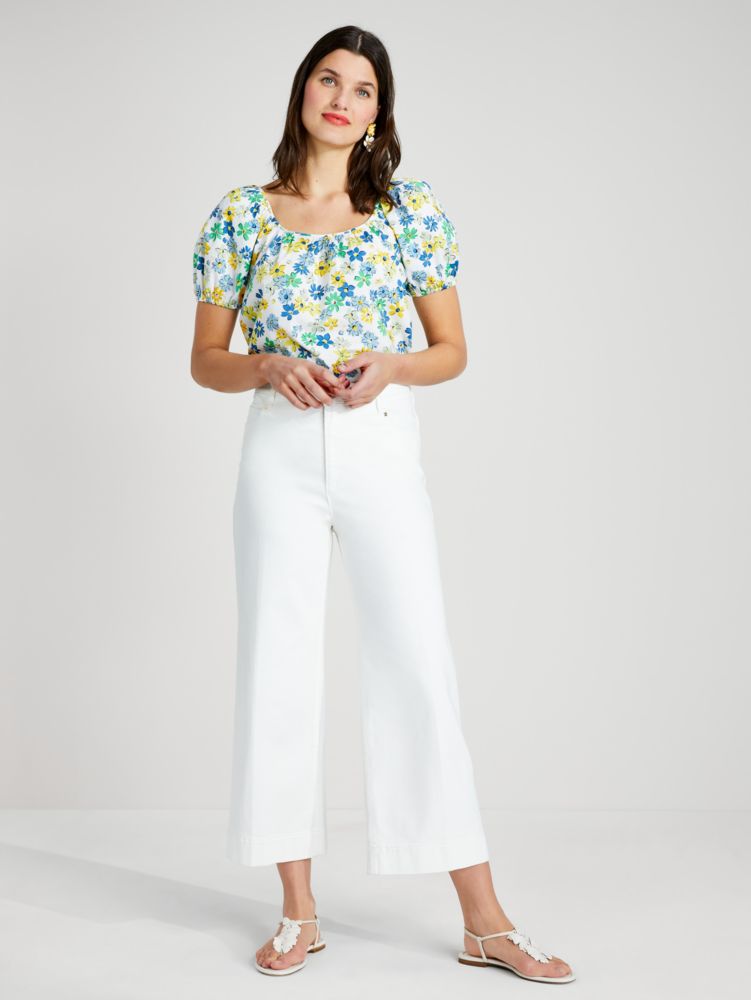 Floral Medley Puff-sleeve Top, Fresh White, Product