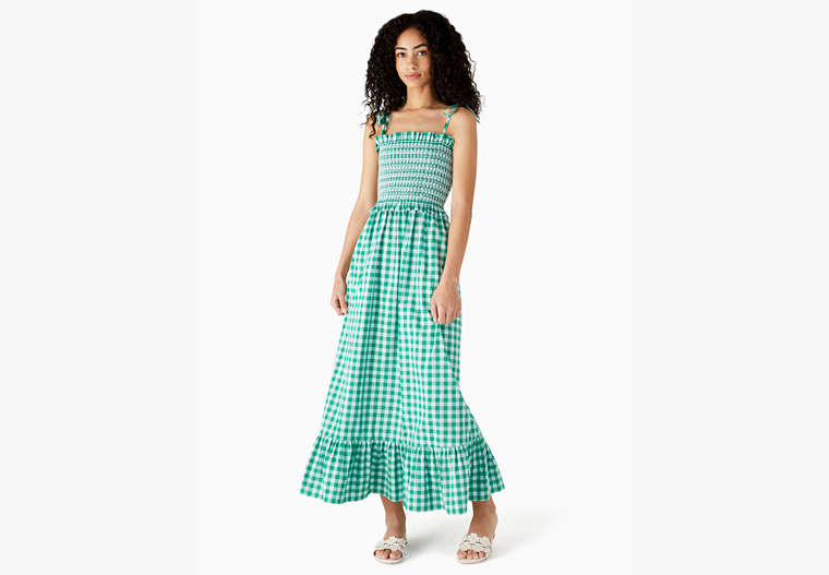 Gingham Smocked-bodice Dress, Wintergreen/Blue Glo, Product