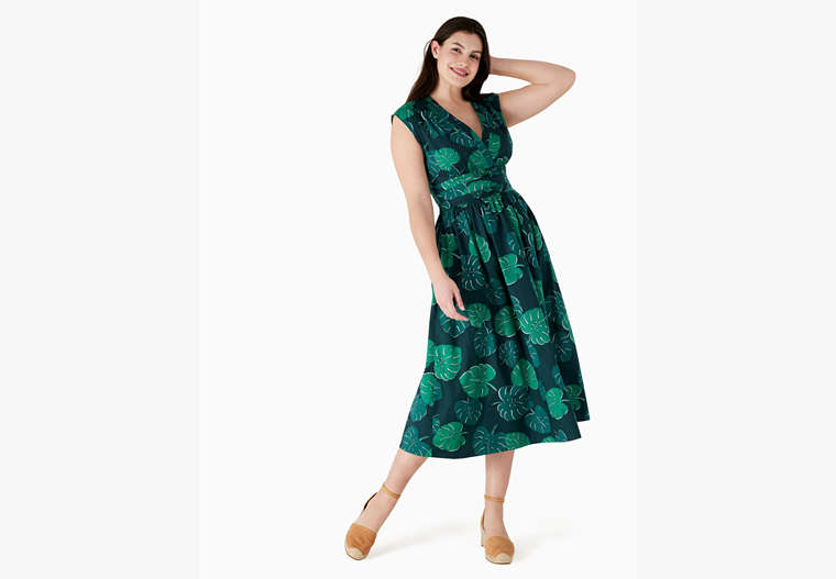 Monstera Leaves Poplin Bow Dress, Dark Forest, Product image number 0