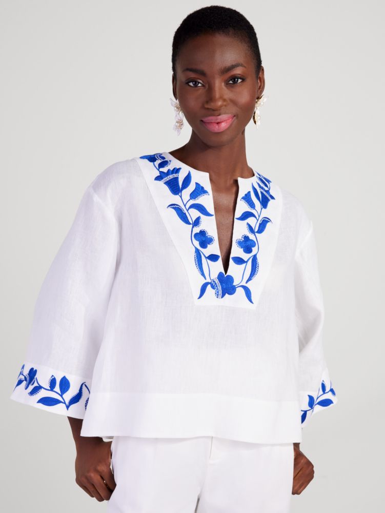 Embroidered Zigzag Floral Top, Fresh White, Product