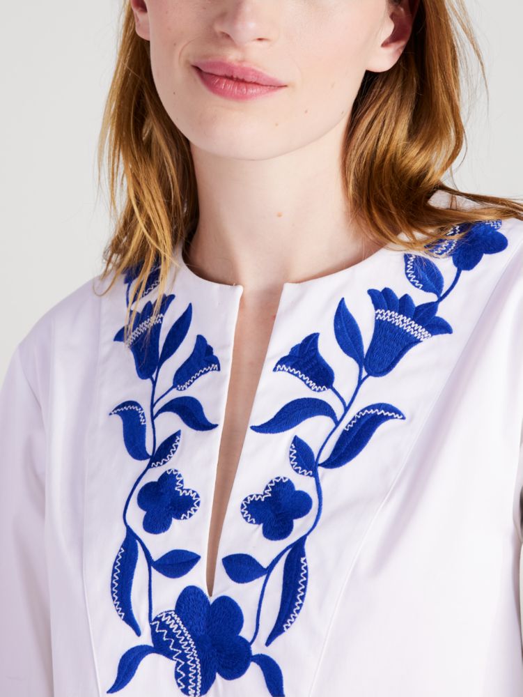 Embroidered Zigzag Floral Tunic Dress, Fresh White, Product