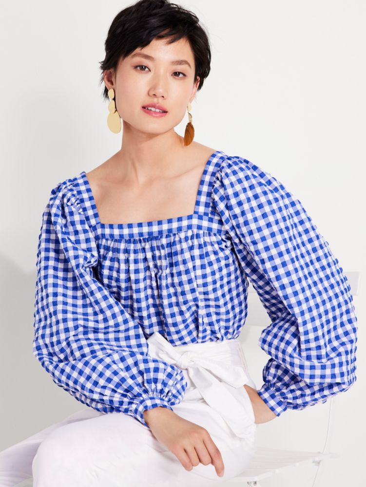 Gingham Square Neck Top, Blueberry, Product