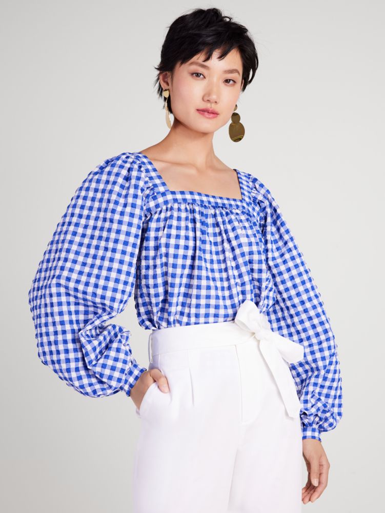 Gingham Square Neck Top, Blueberry, Product