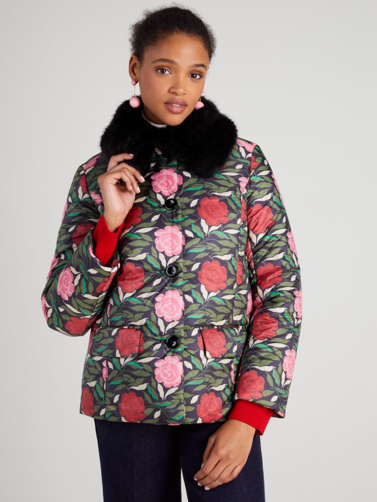 Women's black multi. rose garden puffer jacket | Kate Spade New York NL