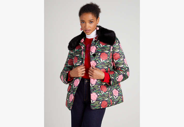 Kate Spade,Rose Garden Puffer Jacket,Black Multi image number 0