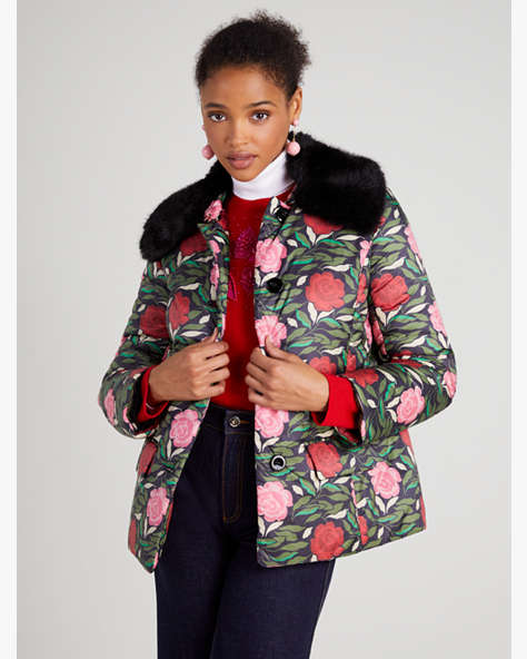 Kate Spade,Rose Garden Puffer Jacket,Black Multi