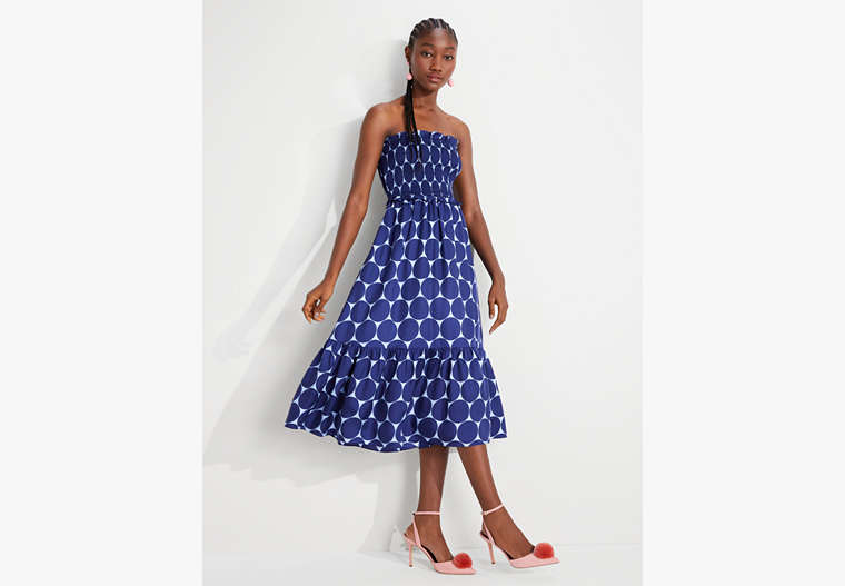 Joy Dot Silk Twill Smocked Dress, Citrine Blue, Product