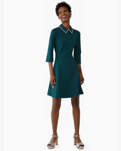 Embellished Collar Ponte Dress, Peacock Sapphire, ProductTile