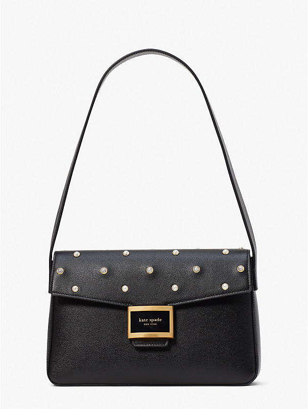 Katy Pearl Embellished Textured Leather Medium Shoulder Bag