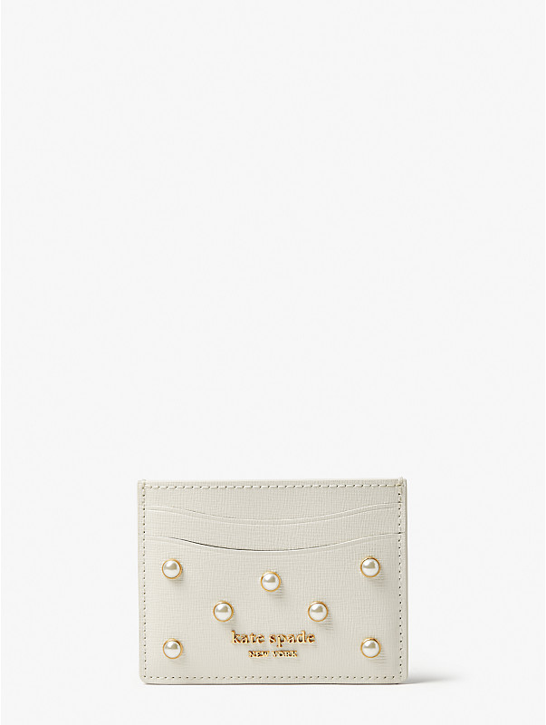 morgan pearl embellished saffiano leather card holder, , rr_large
