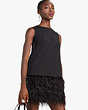Feather Trim Crepe Shift Dress, Black, Product