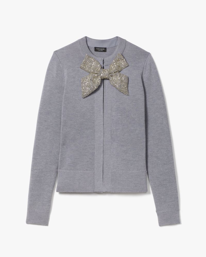 Shop Kate Spade Embellished Bow-neck Cardigan In Grey Melange