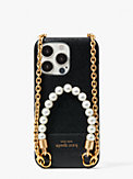 pearl and pave saffiano leather wrapped pearl strap phone case crossbody 13 pro, , s7productThumbnail