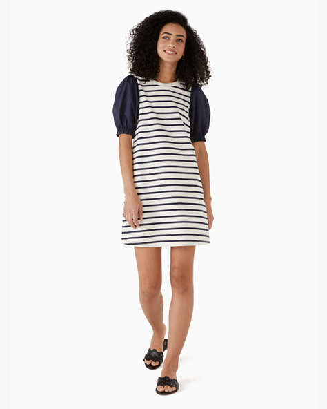 Striped Puff Sleeve Knit Dress, Blazer Blue, ProductTile