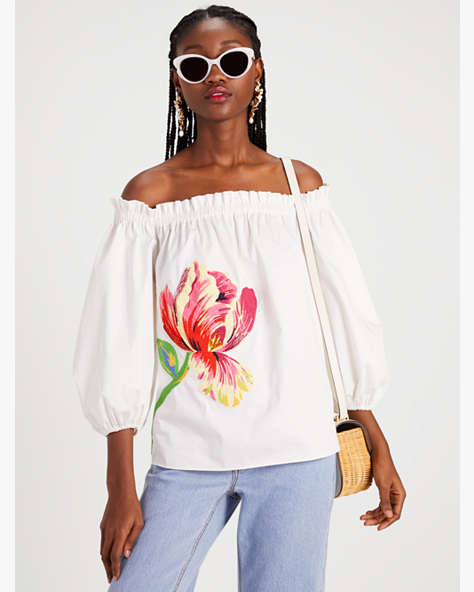 Off-the-shoulder Floral Embellished Top, French Cream, ProductTile
