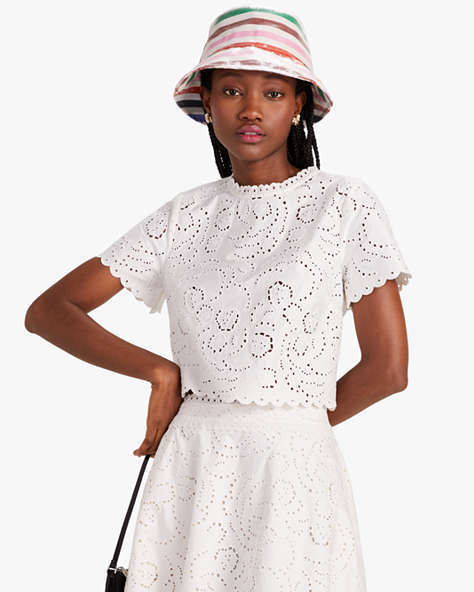 Kate Spade,Floral Embroidered Cutwork Top,French Cream