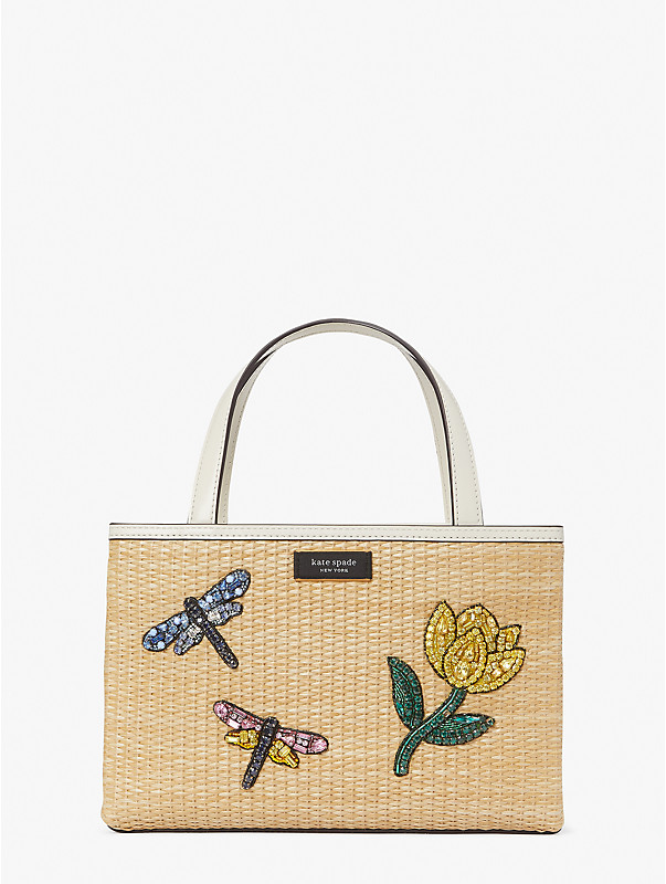Sam Icon Dragonfly Embellished Straw Small Tote, , rr_large