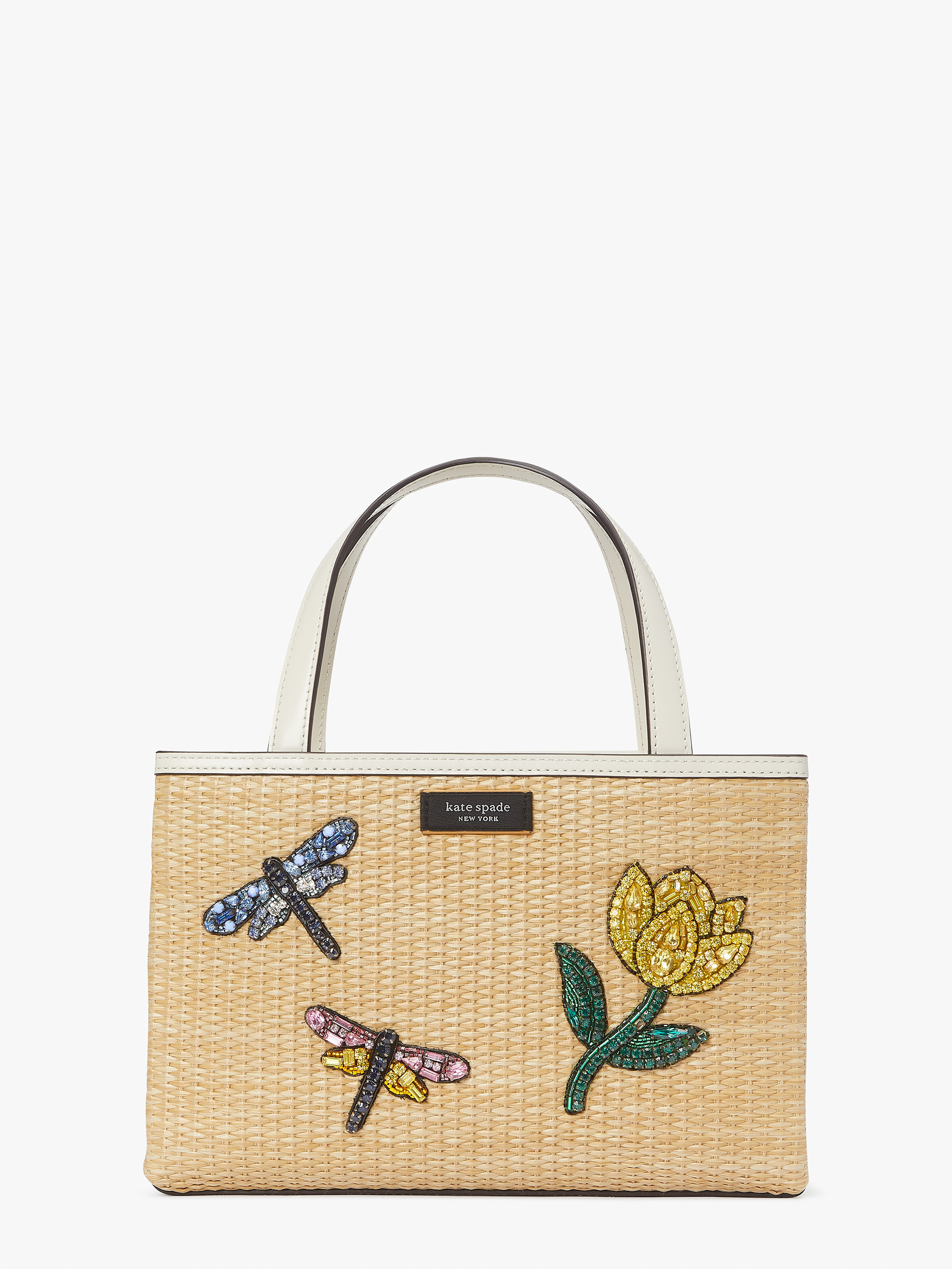 Kate Spade Sam Icon Dragonfly Embellished Straw Small Tote