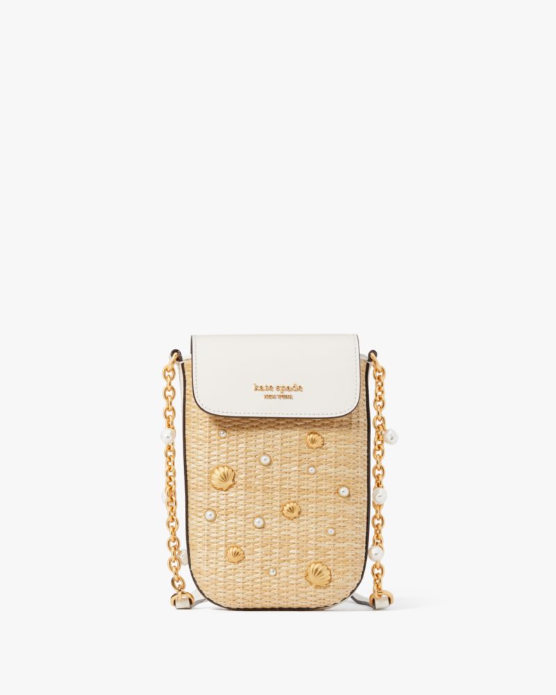 Kate Spade Steffie Embellished Straw North South Phone Crossbody In Natural