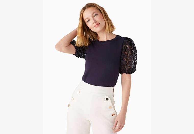 Lace Puff-sleeve Tee, Parisian Navy, Product image number 0