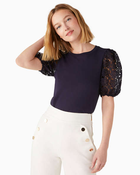 Lace Puff-sleeve Tee, Parisian Navy, ProductTile