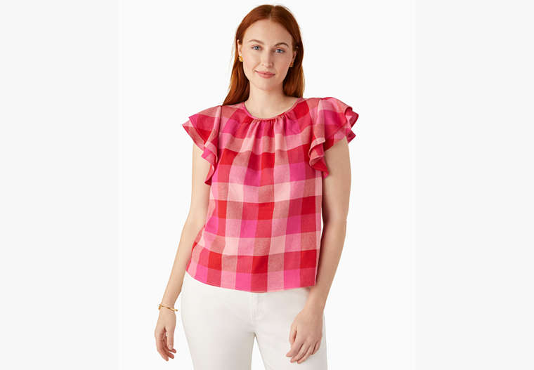 Kate Spade,picnic woven flutter-sleeve top,Linen,Deep Hibiscus Multi image number 0
