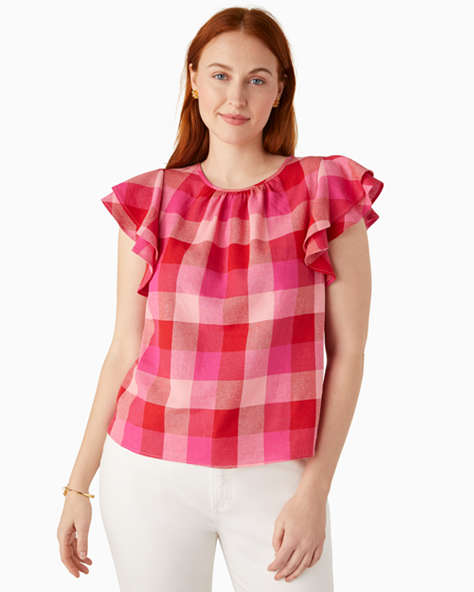 Kate Spade,picnic woven flutter-sleeve top,Linen,Deep Hibiscus Multi