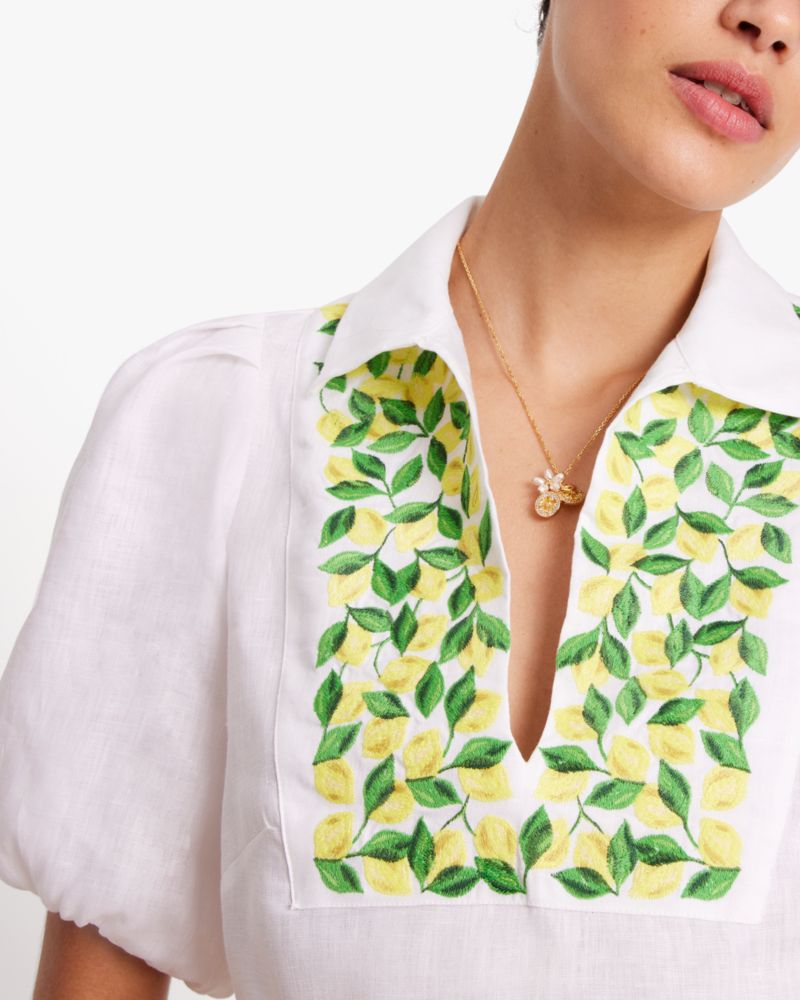 Kate Spade Embroidered Lemons Puff Sleeve Top