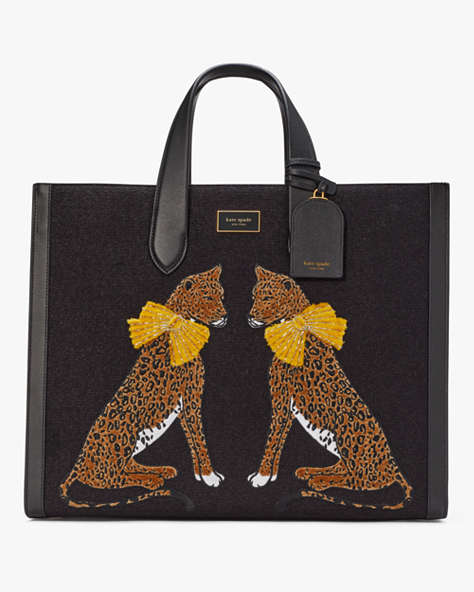 Kate Spade,Manhattan Lady Leopard Embroidered Large Tote,Black Multi
