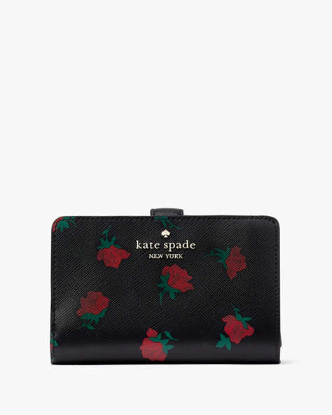 Kate Spade,Madison Rose Toss Printed Medium Compact Bifold Wallet,Black Multi