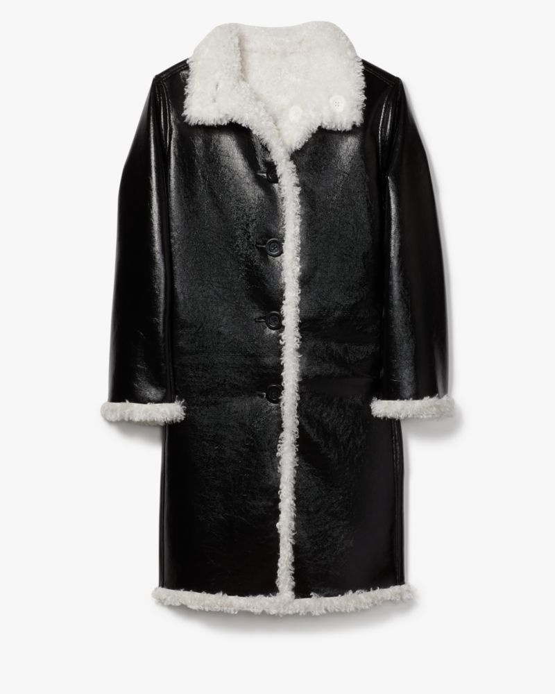 Shop Kate Spade Reversible Faux Patent Shearling Coat In Black/cream