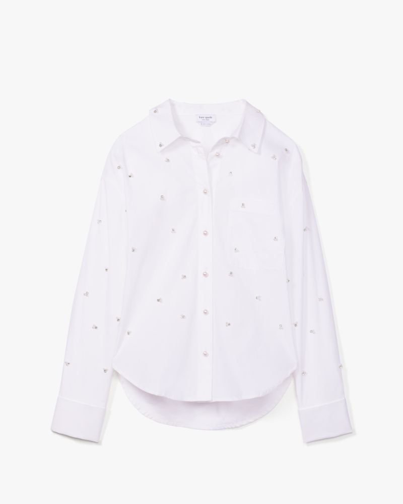 Shop Kate Spade Embellished Poplin Shirt In Fresh White