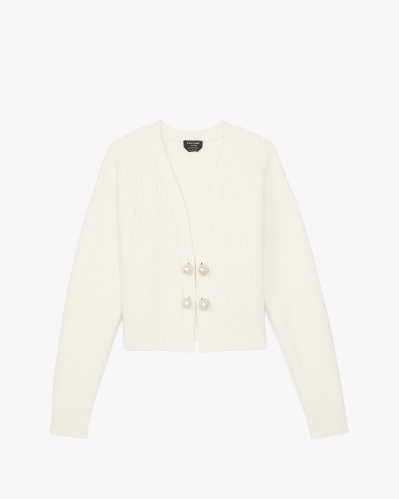 Shop Kate Spade Ribbed Pearl Cardigan In Cream