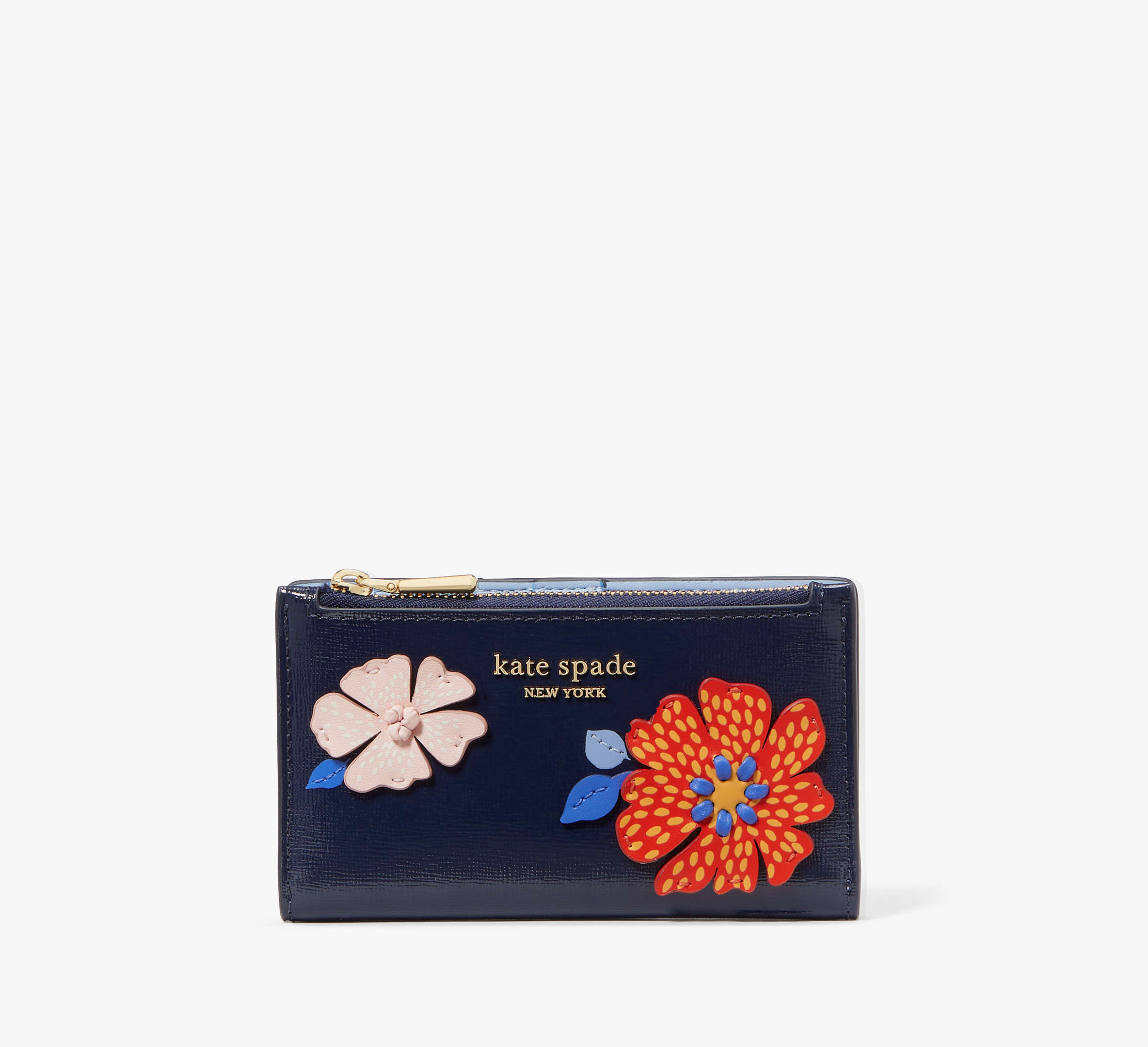 Kate Spade Dottie Bloom Flower Applique Small Slim Bifold Wallet In Blue