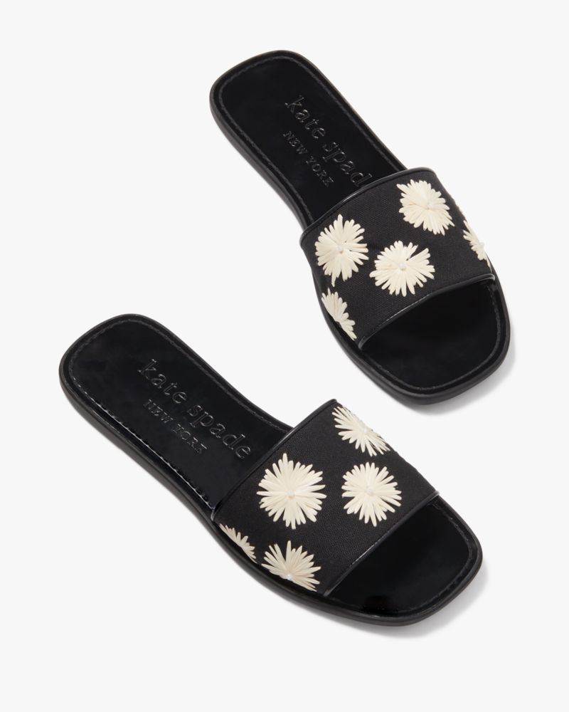 Shop Kate Spade Lauren Pom Pom Floral Slide Sandals In Black/cream