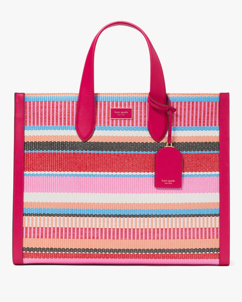 Shop Kate Spade Manhattan Striped Woven Straw Large Tote In Wild Raspberry