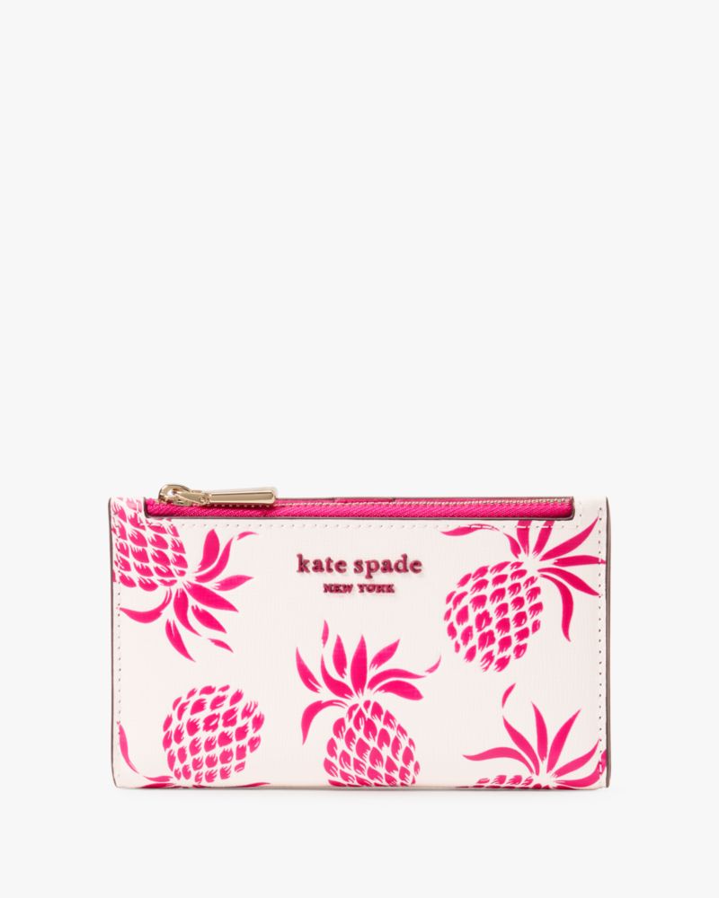 Shop Kate Spade Morgan Pineapple Embossed Small Slim Bifold Wallet In Cream