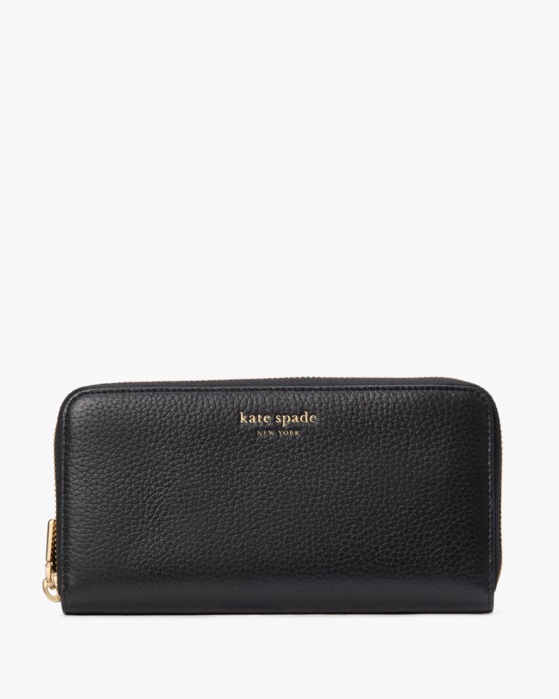 Offers Kate Spade black embossed leather zip around continental wallet