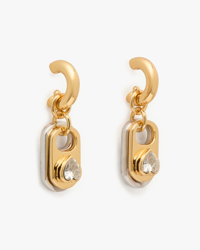 Kate Spade New York Snack Time Two Tone Crystal Heart Pull Tab Charm Huggie Hoop Earrings In Gold