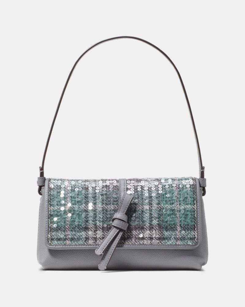 Kate Spade Loop Sequin Plaid Boucle Mixed Material Small Flap Shoulder, Grey - Handbags & Purses