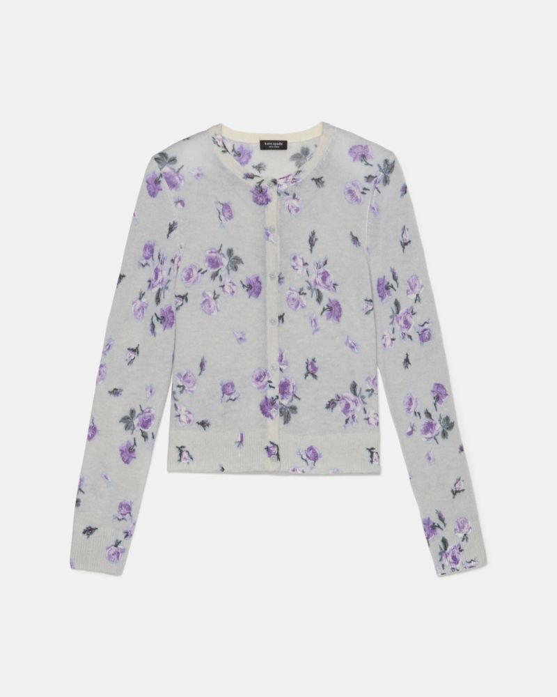 Kate Spade Falling Bouquet Crew Neck Cardigan, Quarry Grey - XXS